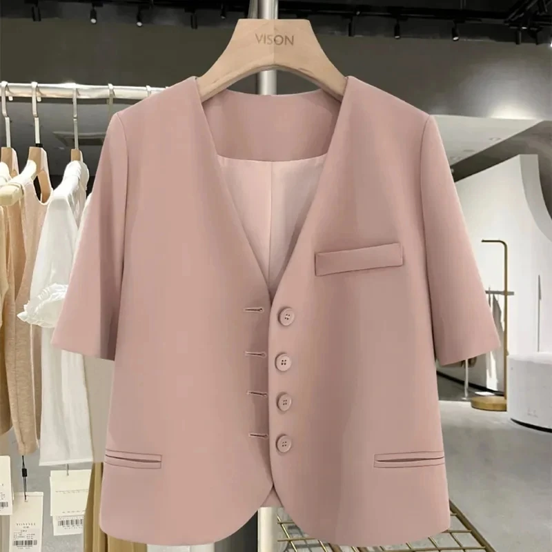 Chaqueta de manga corta para mujer, Blazer de trabajo de oficina con cuello con muescas, moda coreana, traje Simple informal, Verano