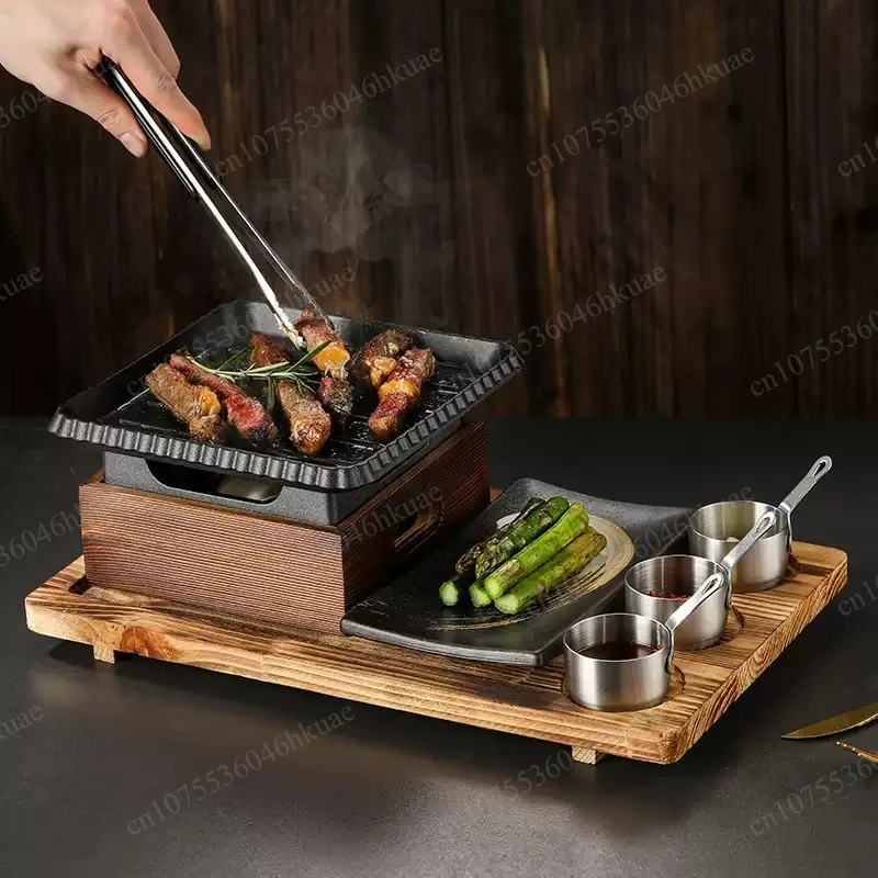 

Korean Style Barbecue Tableware, Cast Iron Square Baking Tray with Single & Double Alcohol Oven, Home Dining Grilling Kit