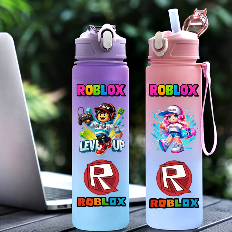 Botella de agua con diseño de Roblox, 750 ml, con degradado de color, estilo anime, con pajita, para estudiantes, necesidades diarias, regalo de cumpleaños para niños