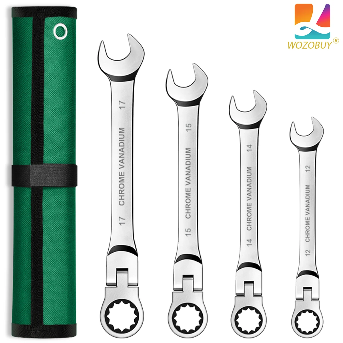 WOZOBUY 4/5pcs Ratchet Spanner Wrench Set Gear Ring Ratcheting Combination Wrench Kit Metric Flexible Head with Canvas Bag