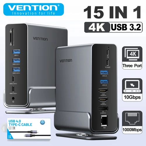Vention 15 en 1 estación de acoplamiento USB C 4K HDMI Triple Monitor Hub USB 3,2 10Gbps RJ45 1000M 100W para Windows PC portátil HP MacBook