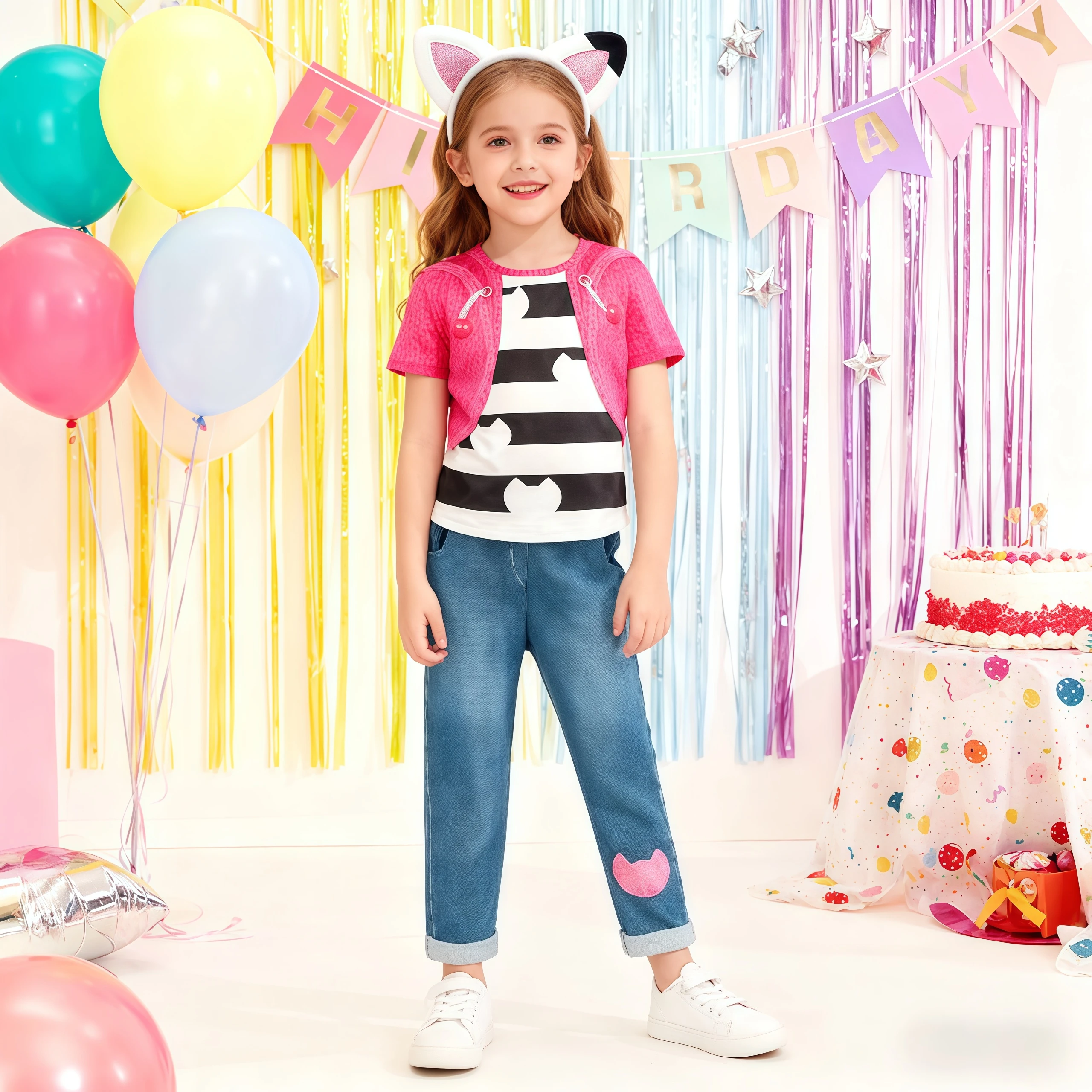 Little Girls Cartoon Cute Costume Striped Cat Tops With Pants Ears Headband For Kids Birthday Party Halloween Carnival Outfits
