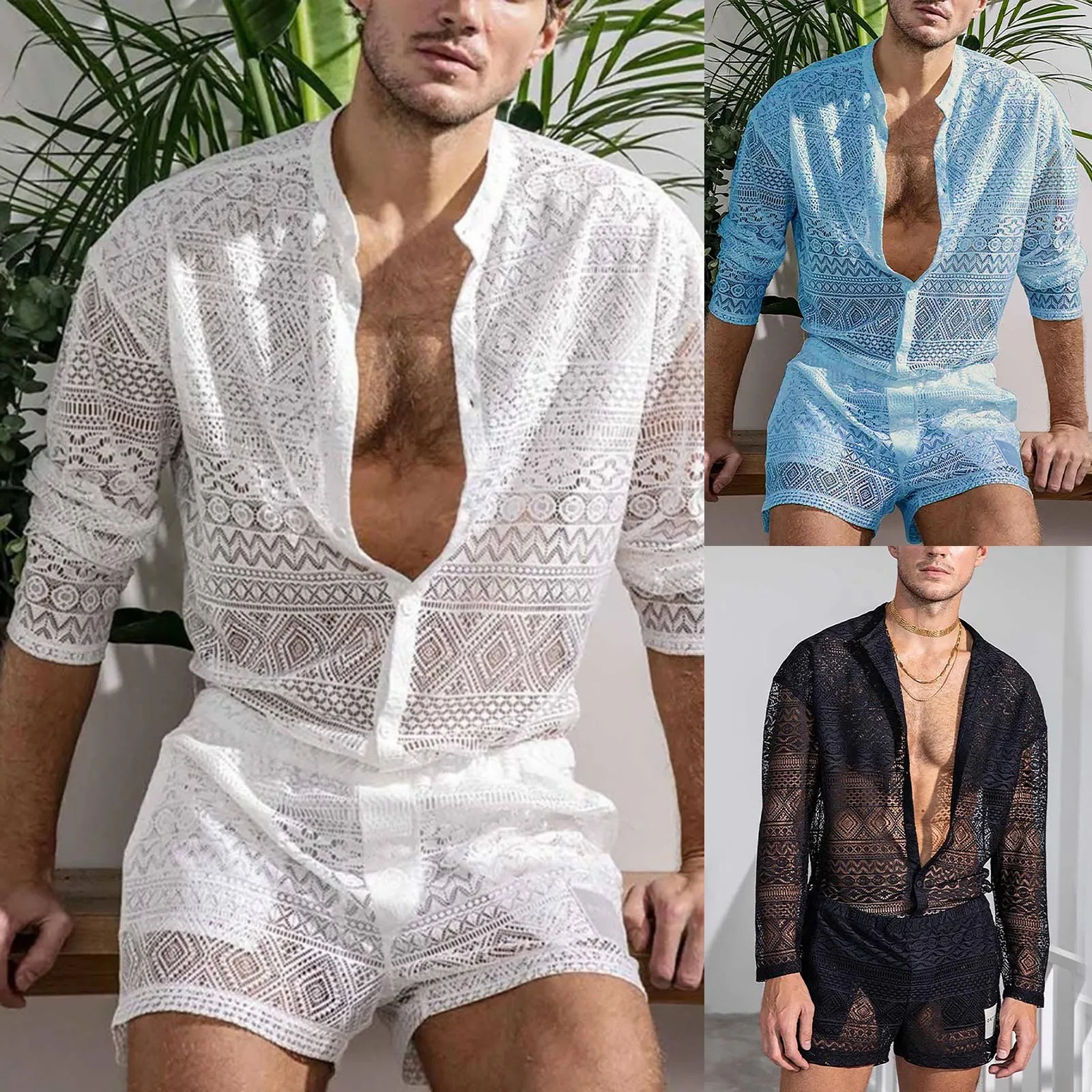 Sexy Lace Hollow Out Suit Fashion Long Sleeve Shirt Casual Shorts Men\'S Clothing Suit Solid Color Matching Summer Suit For Male