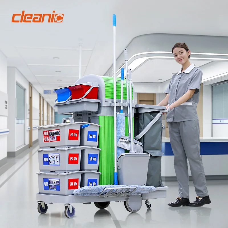 Industrial Janitorial Cart Trolley With Double Bucket Locking Cabinet & Garbage Bag Flat Mop Cleaning Carts