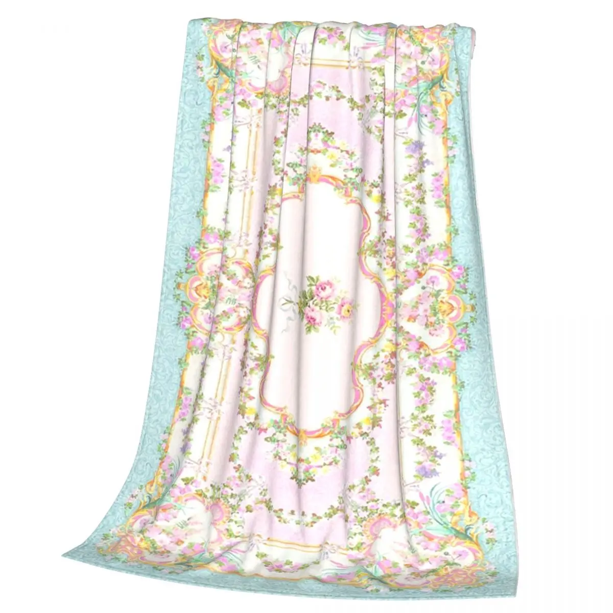 French Rococo Floral Watercolor Panel Blanket Warm Flannel Throw Blanket Bedspread for Bed Living room Picnic Travel Home Couch