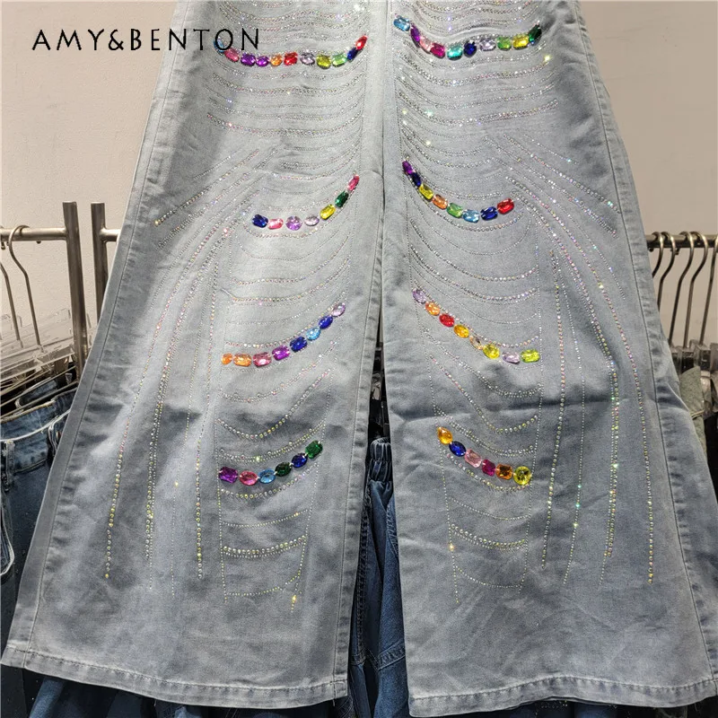 2025 ربيع الخريف جديد الصناعة الثقيلة الملونة حجر الراين الدنيم قميص طويل الأكمام مجموعات الشارع الاتجاه جان السراويل قطعتين مجموعة