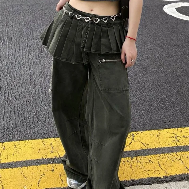 

Deeptown Korean Vintage Pleated Skirt Cover Jeans Y2k Harajuku High Waist Baggy Denim Pants Streetwear Casual Wide Leg Trousers