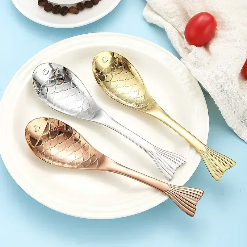 Creative Mermaid Spoon Kitchen Tableware Cute Fish-Shaped Stainless Steel Soup Spoon Food Grade Cutlery for Ice Cream Desserts