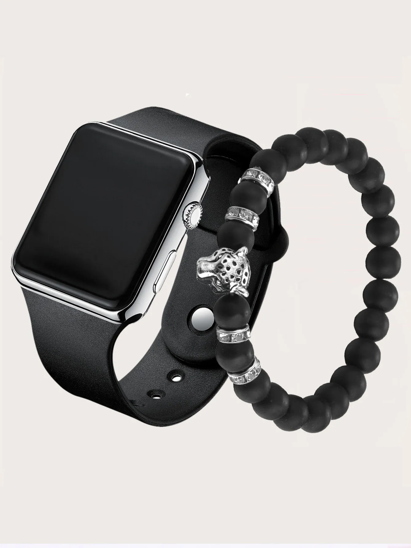 Men's Rectangular Silicone Electronic Watch, Simple, Fashionable, with Acrylic Leopard Head Bracelet, Gift Box