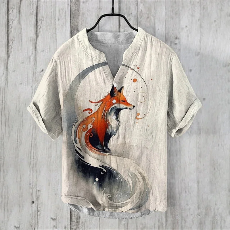 

Summer new linen short sleeved shirt fashionable European and American popular hot selling elegant fox print pattern street wear