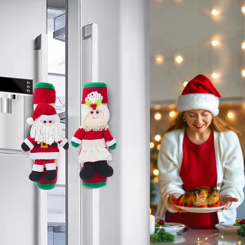 Christmas Refrigerator Handle Cover Snowman Elk Santa Kitchen Microwave Oven Dishwasher Fridge Door Knob Protector 2pcs/Set