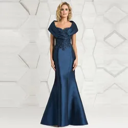 2022 mais recente elegante mãe da noiva do laço da marinha vestidos de noiva sereia frisado casamento convidados vestidos applique boné manga comprimento total