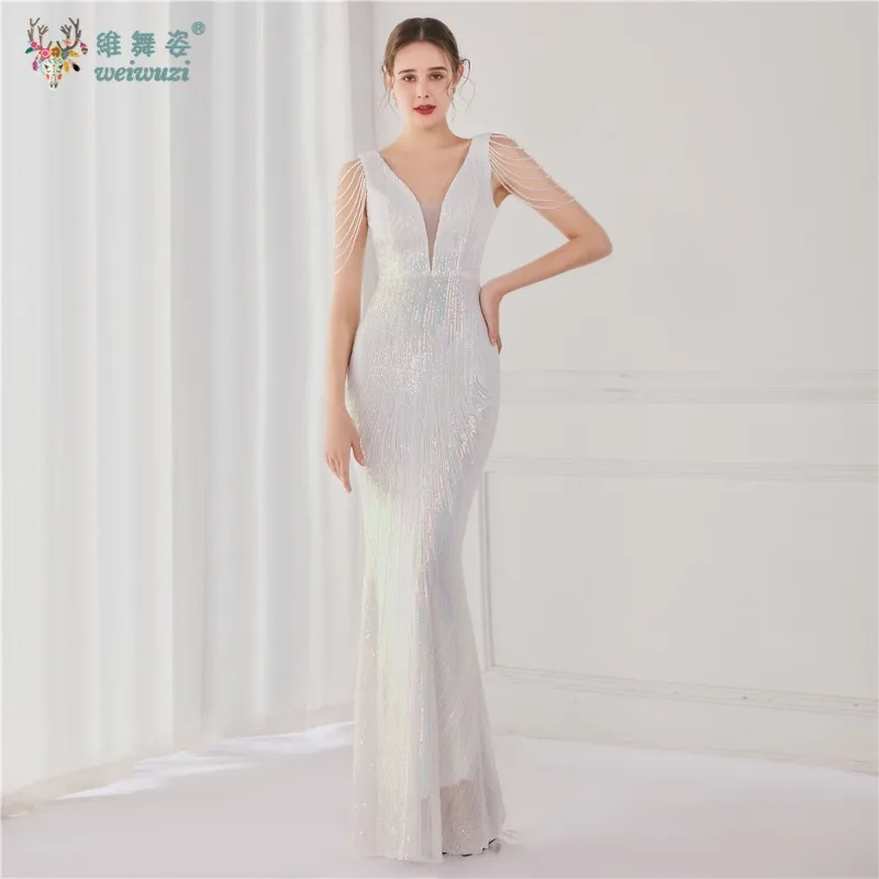 큰 사이즈 스팽글 비즈 자수 정장 이브닝 드레스 섹시한 딥 브이넥 민소매 비즈 슬리밍 머메이드 이브닝 드레스