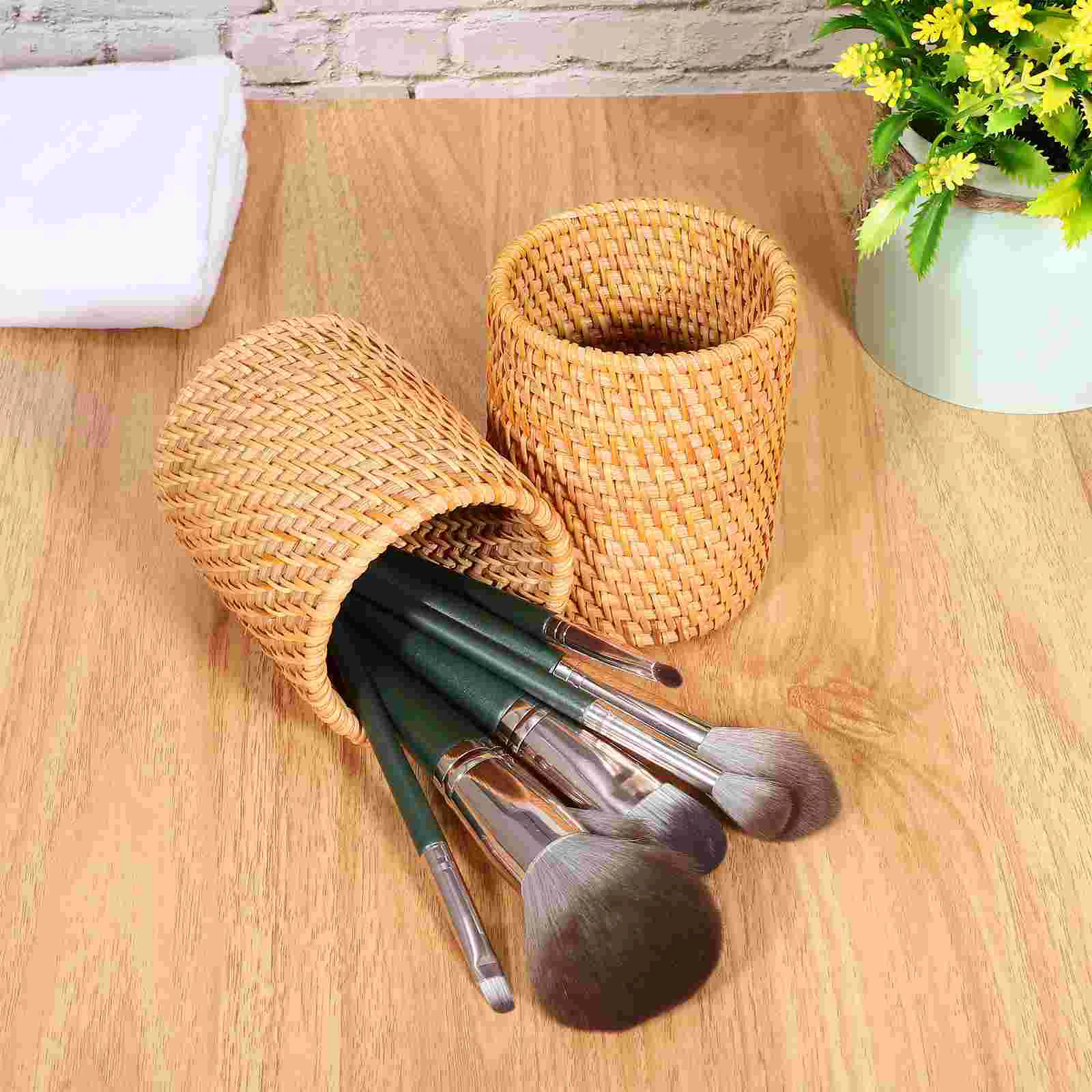 2 Pcs Rattan Pen Holder 2pcs Diameter 8cm Height 10cm Desk Organizers and Storage Stand Makeup Brush Cup Woven Wooden Office