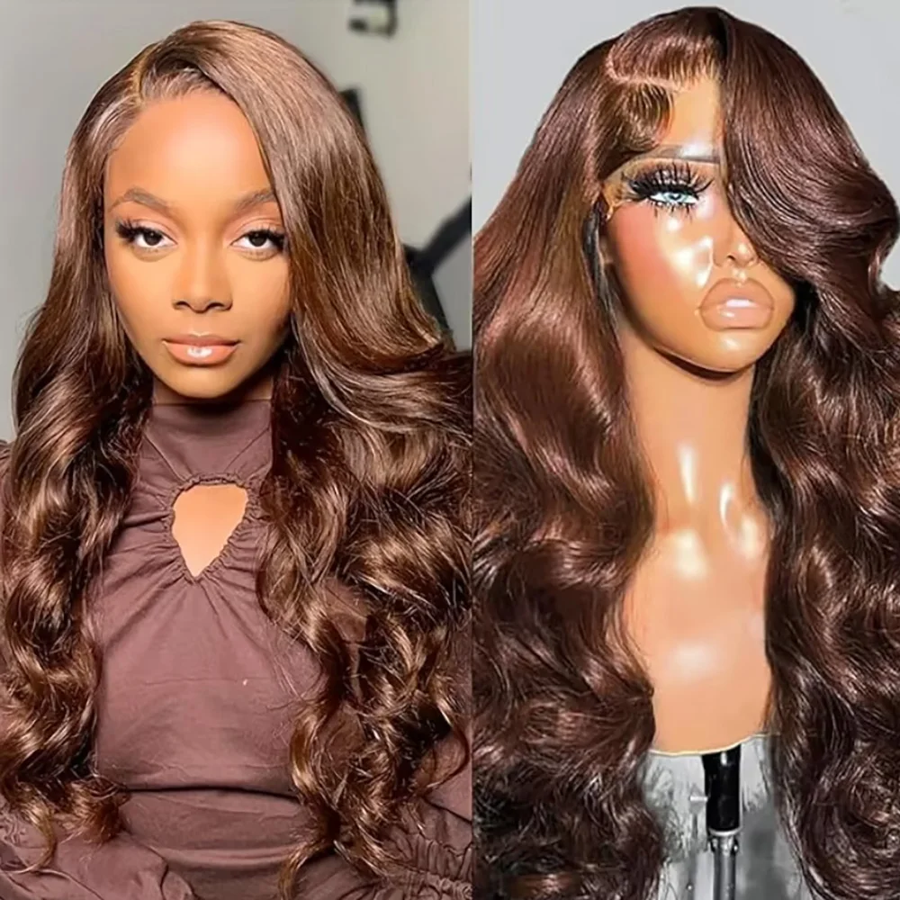 

#4 Chocolate Brown Body Wave Lace Frontal Wig Human Hair 13x6 HD Lace Front Wig Pre Plucked Bleached Knots 200 Density Glueless