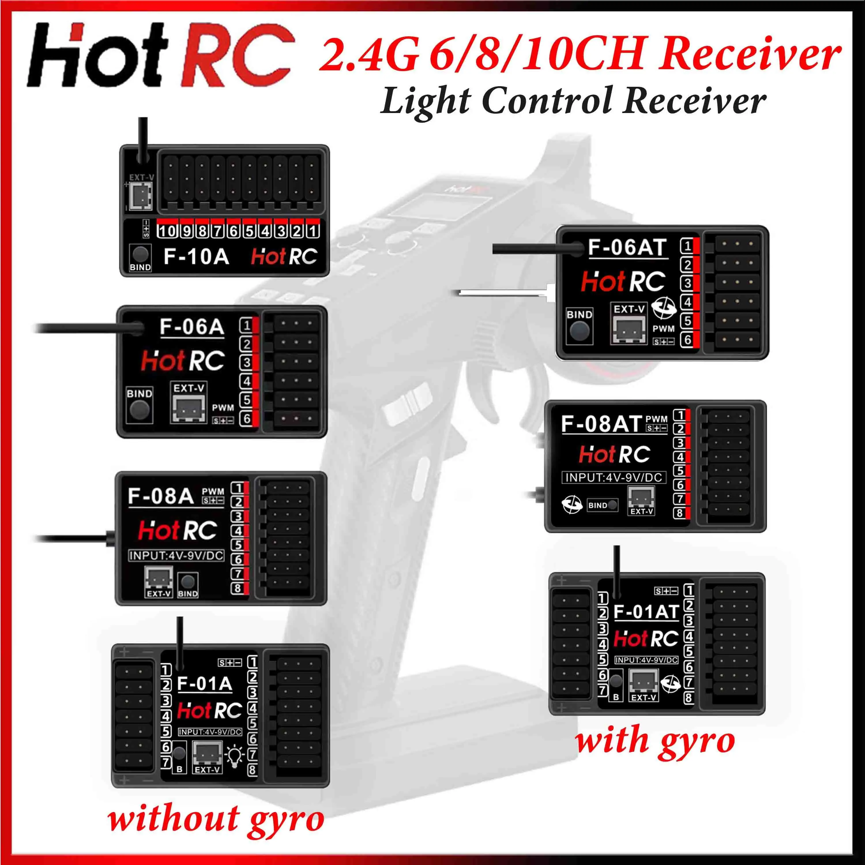 HOTRC 2.4GHz 6/8/10CH Receiver F-10A F-06AT F-08AT F-01AT Gyro/Light Control Receiver for CT-4A CT-6A CT-8A HT-8A Transmitter