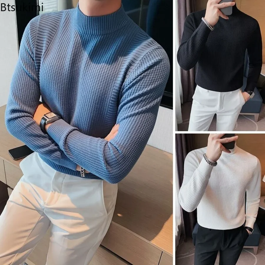 2024 High End Men's Knitted Pullover Sweaters Trend Solid Half High Collar Autumn Winter Bottoming Tops Men Casual Knit Sweaters