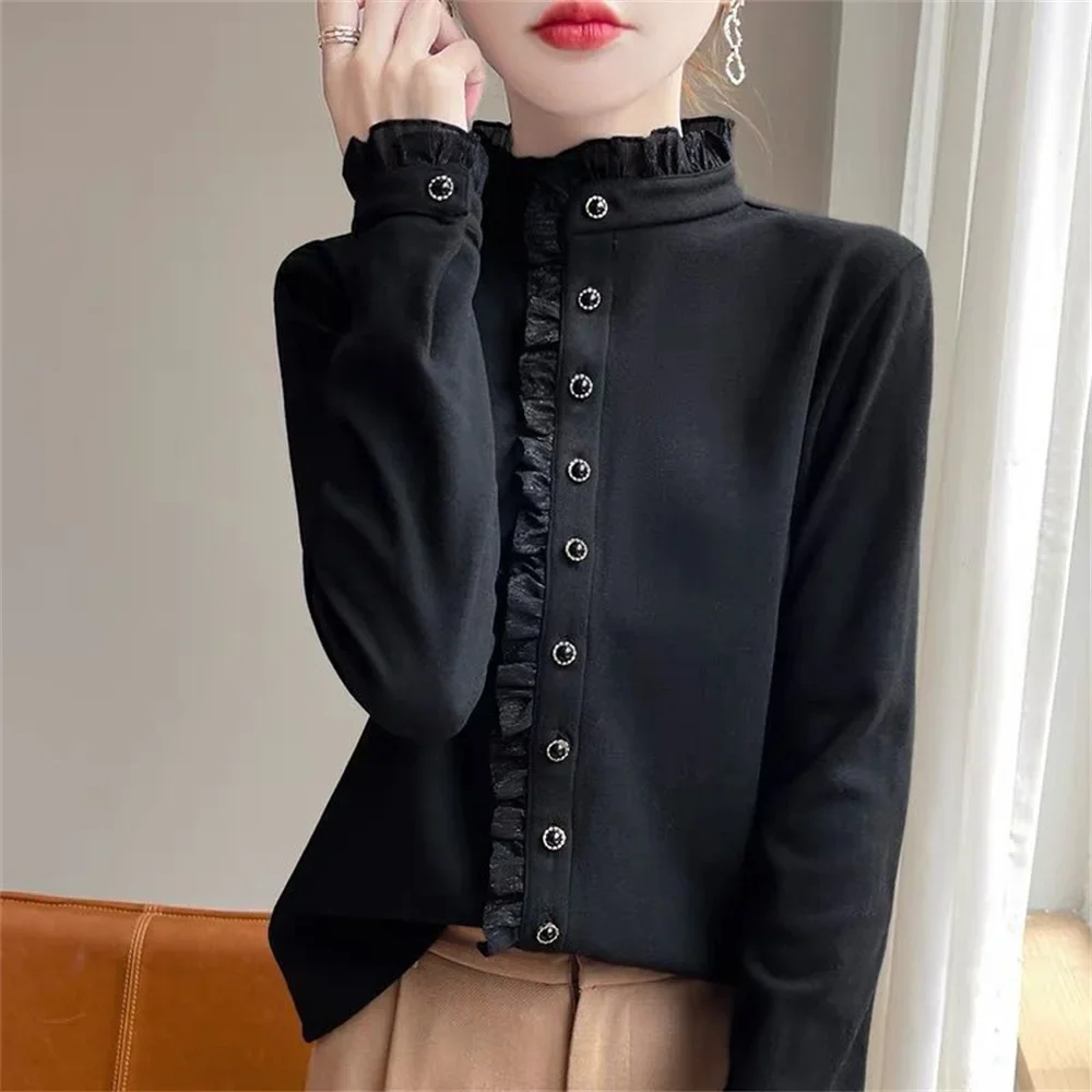 Spring Fashion Outer Shirt High Quality Thick Blouse Stand-collar Black Ruffles Shirt and Blouse Women's Loose Fur Warm Top