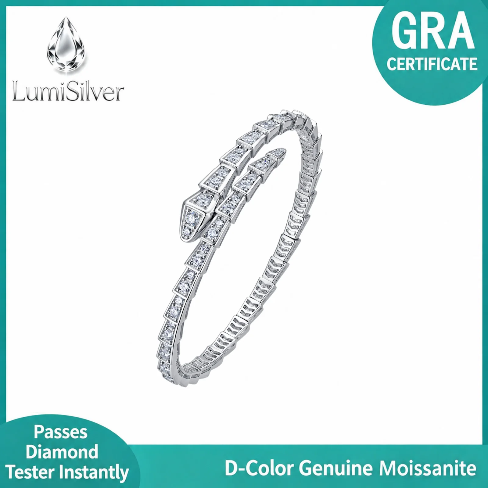 S925 Sterling Silver Moissanite Full Pave Snake Shape Open Bangle Hypoallergenic Stackable Women Fine Jewelry