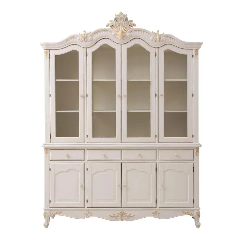 French Country Style White Solid Wood Display Cabinet with Gold Accents Large Capacity Storage Showcase for Home Decor