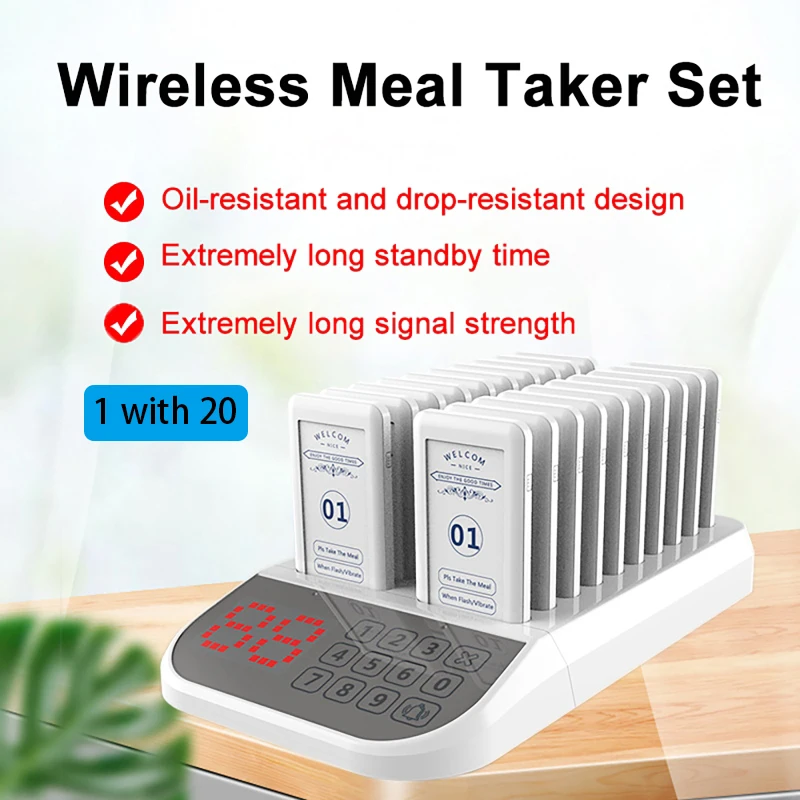 1 with 20 White Wireless Meal Picker Set Pager System Restaurant Ringing And Calling Device Queuing Number Calling Device