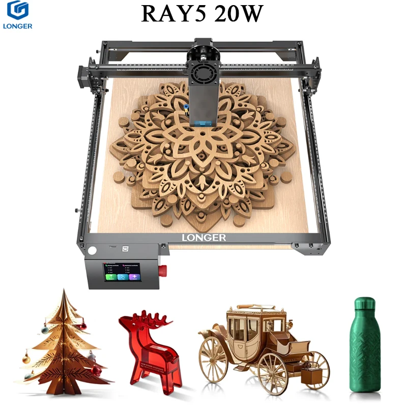 Graveur laser Longer Ray5 20W avec écran tactile, chipset 32 bits, WIFI, gravure au laser de précision 0,08*0,1 mm, machine de découpe, zone de travail 375*375 mm