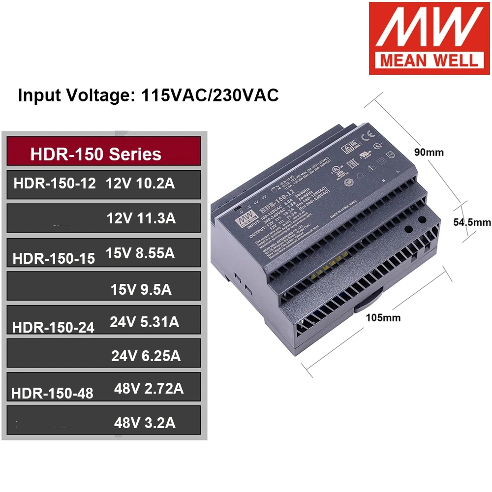 Mean Well HDR-150 85-264VAC to DC 12V 15V 24V 48V Meanwell Ultra slim step shape DIN Rail Power Supply HDR-150-12 HDR-150-24