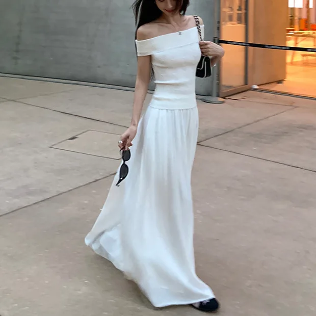 8063 오프숄더 화이트 탑 여름 프래그런트 스타일 원숄더 리브드 스트레치 자카드 디자인 슬리밍 베스트 티셔츠