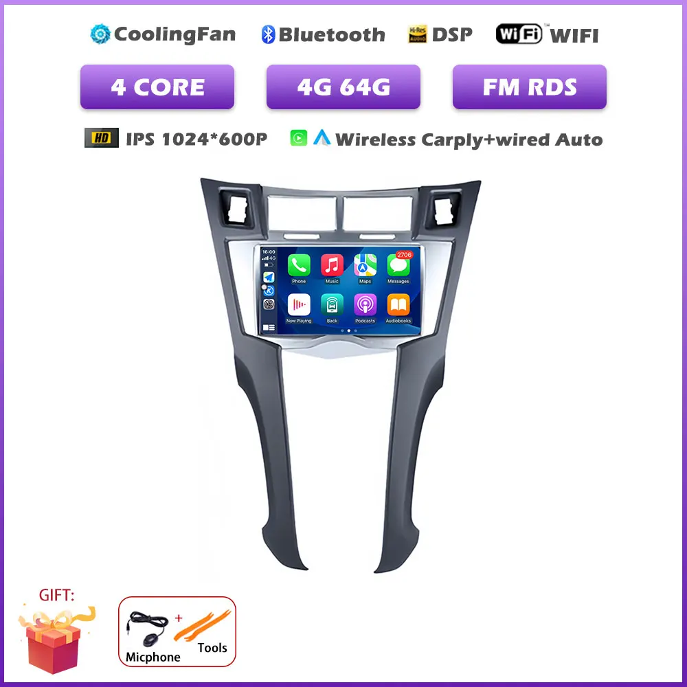 7 inch autoradio voor Toyota Yaris 2005-2011 met Carplay, Android 16, navigatie, GPS, multimedia, videospeler en Bluetooth.
