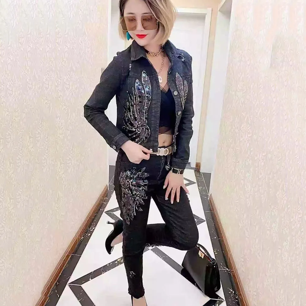 Fashion Denim Pants Sets Women's Jeans 2023 Slim Elastic Sequins Phoenix Flower Ragged Pencil Jeans Jacket  Alternative Fashion