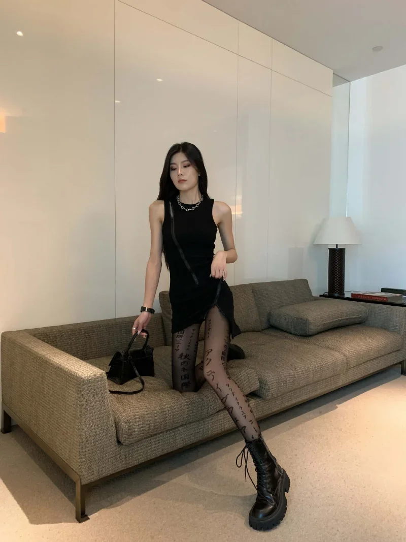 Dünne, Transparente Strumpfhose mit Tattoo-Muster für Damen, Sexy Japanische Kanji-Buchstaben-Druck Strumpfhose, Mädchen Persönliche Durchsichtige Strümpfe – Detail 18