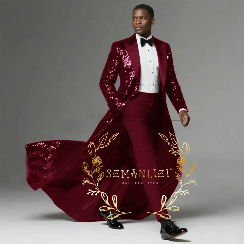 Black Sequins Suits Men 2 Pieces Sets Peaked Lapel Groom Blazers Sets Long Tail Customized Wedding Tuxedo costumes homme - Image 5