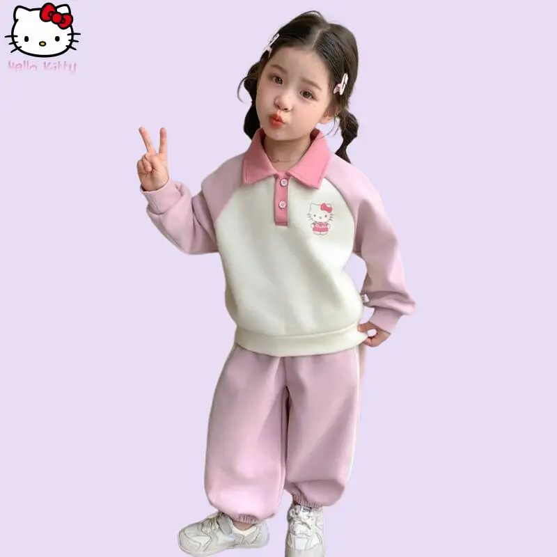 

Комплект с капюшоном для девочек Hello Kitty Sanrio, осенний новый кавайный модный повседневный спортивный костюм с героями мультфильмов, милая корейская версия, детская одежда