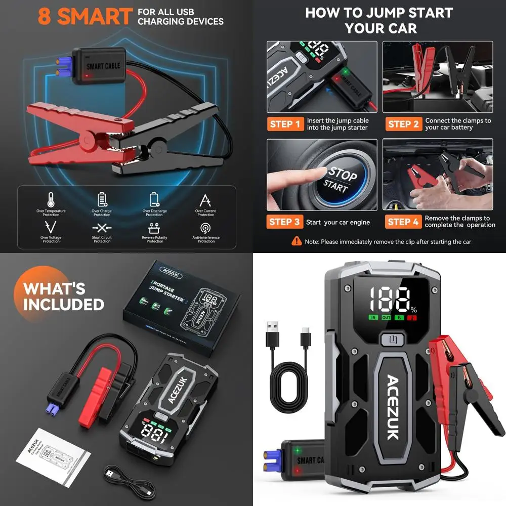 

Автомобильный стартер, аккумулятор для стартера 12 В 8-в-1, 3000 А, до 7,0 л, газовые и дизельные двигатели 5,5 л, быстрая зарядка 3,0, внешний аккумулятор Ju