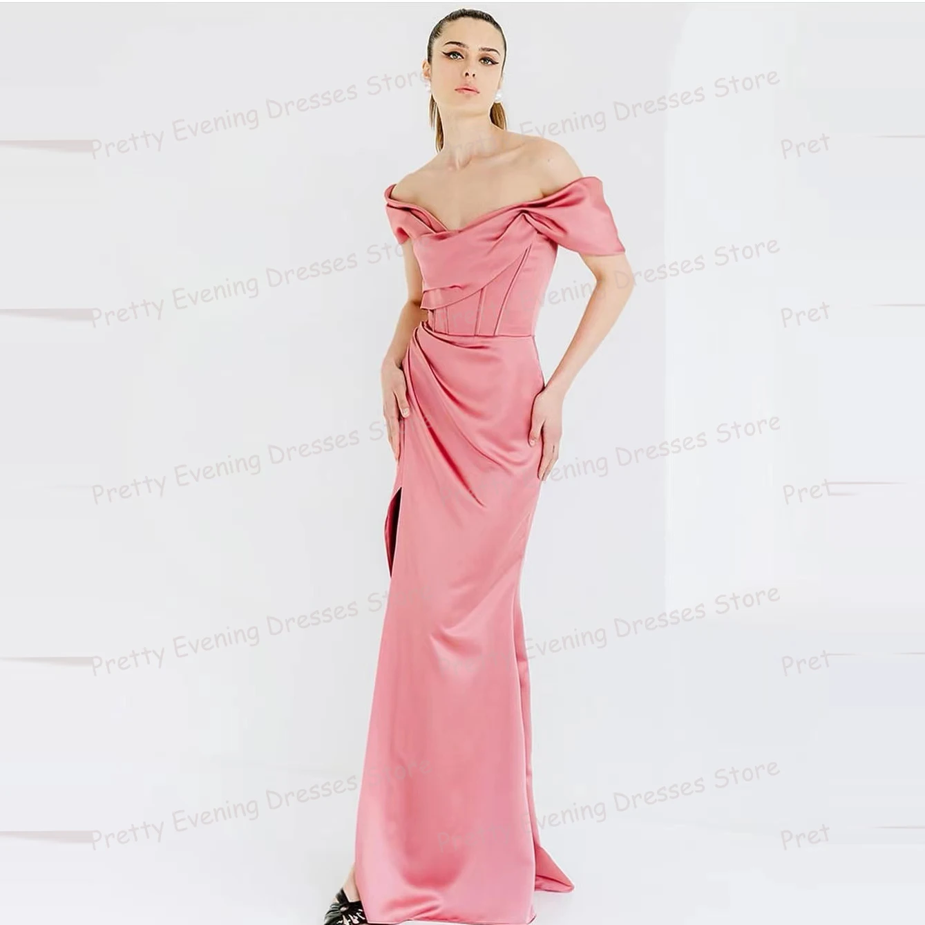 Simple Pink Evening Dresses Mermaid Woman's Sexy Off Shoulder Prom Growns Pleat Satin Side High Split Formal Fashion Vestidos