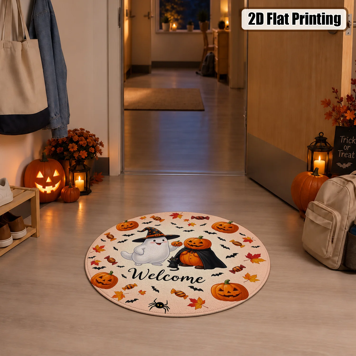 Halloween Ghost Pumpkin Bat Welcome Pattern Round Velvet Doormat, Machine Washable, Stays Firmly in Place, Ideal for Entryway, Porch, Patio, Perfect for Halloween, Thanksgiving, Christmas, New Year, Black Friday, Cyber Monday Home Decor