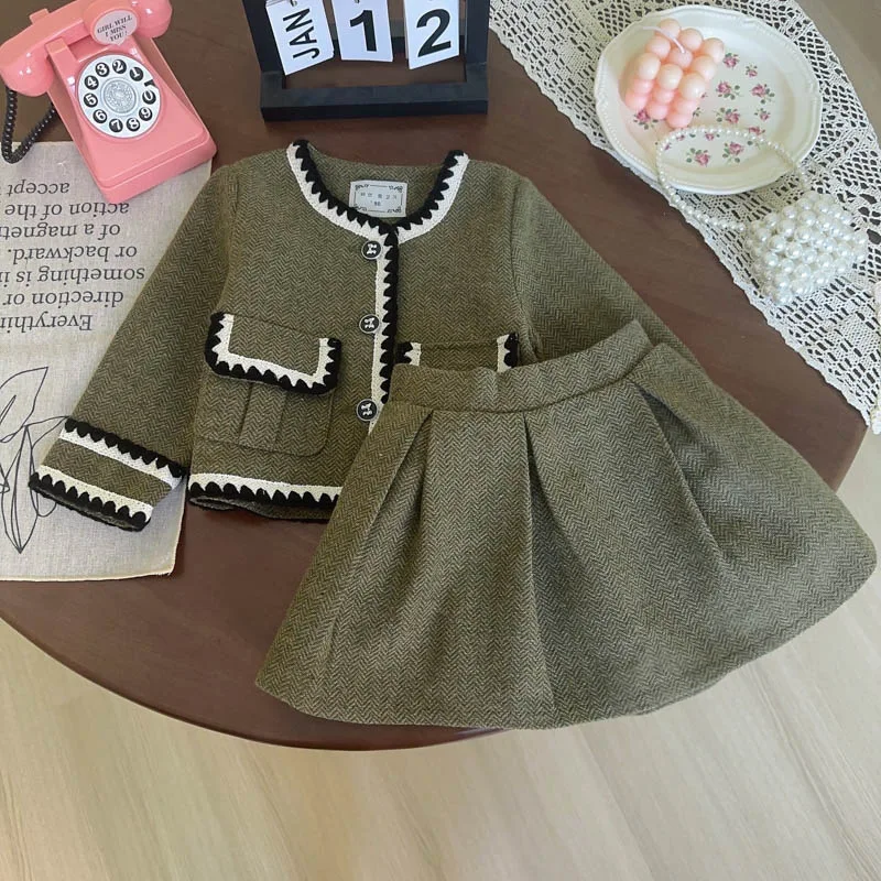 

Children's Outfit Skirt New Spring and Autumn Girls' Fashionable Stylish Thickened Jacket and Short Skirt Two-Piece Set