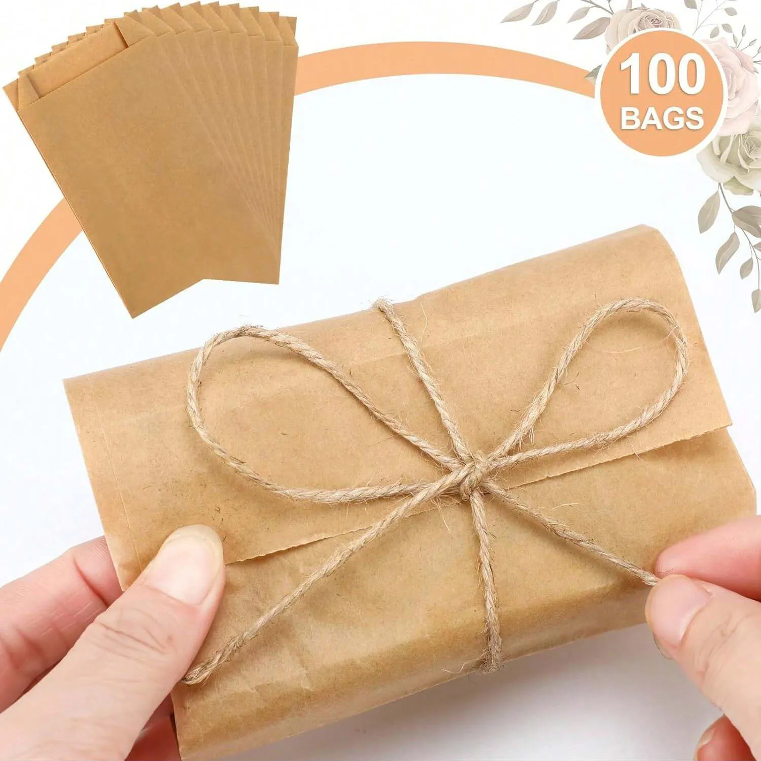 100pcs Paper Bags,Natural Color Kraft Paper Bags with Jute Rope for Making Candy Gifts Crafts Goods Wedding Gift Bags