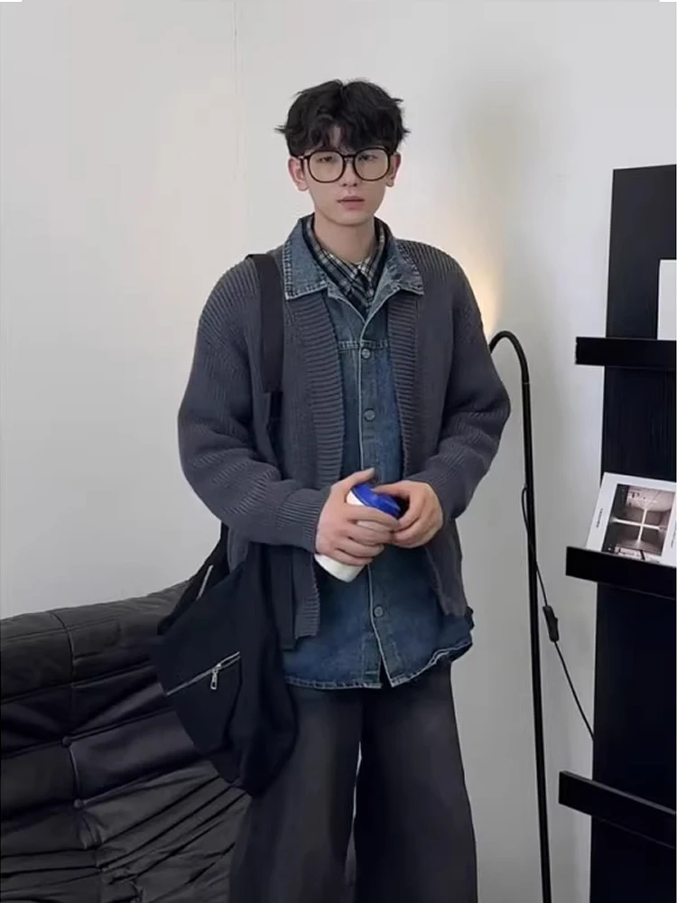 

Мужской джинсовый лоскутный вязаный кардиган Jaet, свободный крой, повседневный корейский свитер высокого класса, осенний сезон, длинный све