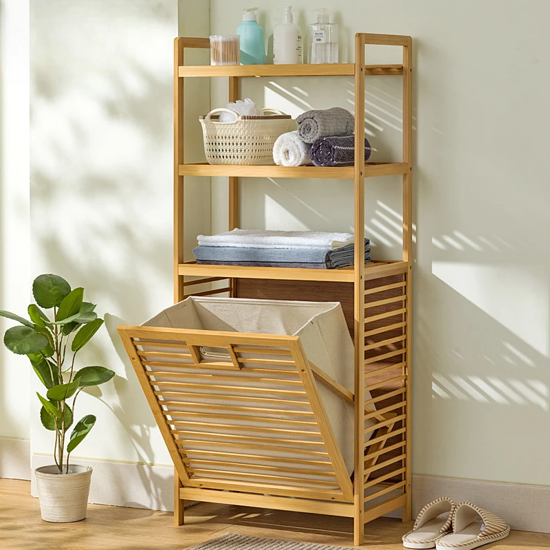 

Multi-function 3/4 Tier Bathroom Racks Laundry Hamper Dirty Clothes Storage Basket Side Rack with Shelf Bamboo Storage Hamper