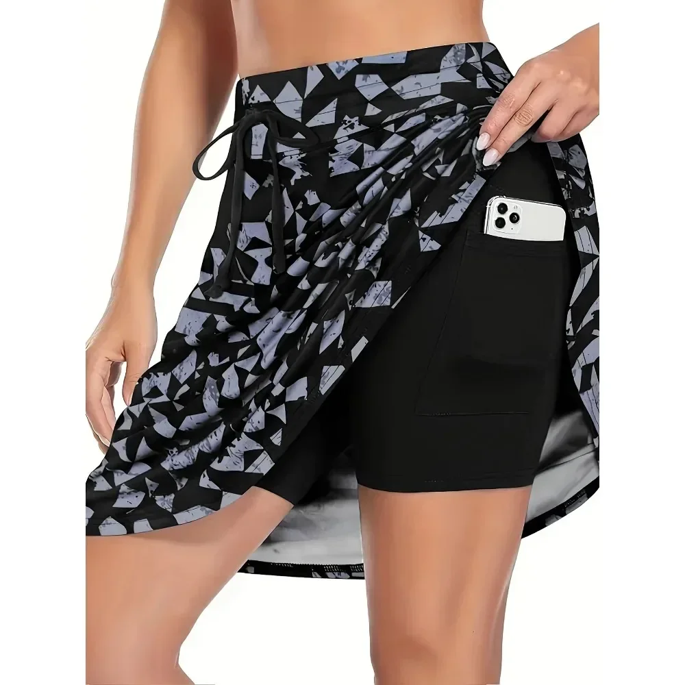Plus Size Floral Print Wrap Skort for Women Built-in Shorts with Pocket Drawstring Sports Tennis Golf Skirt