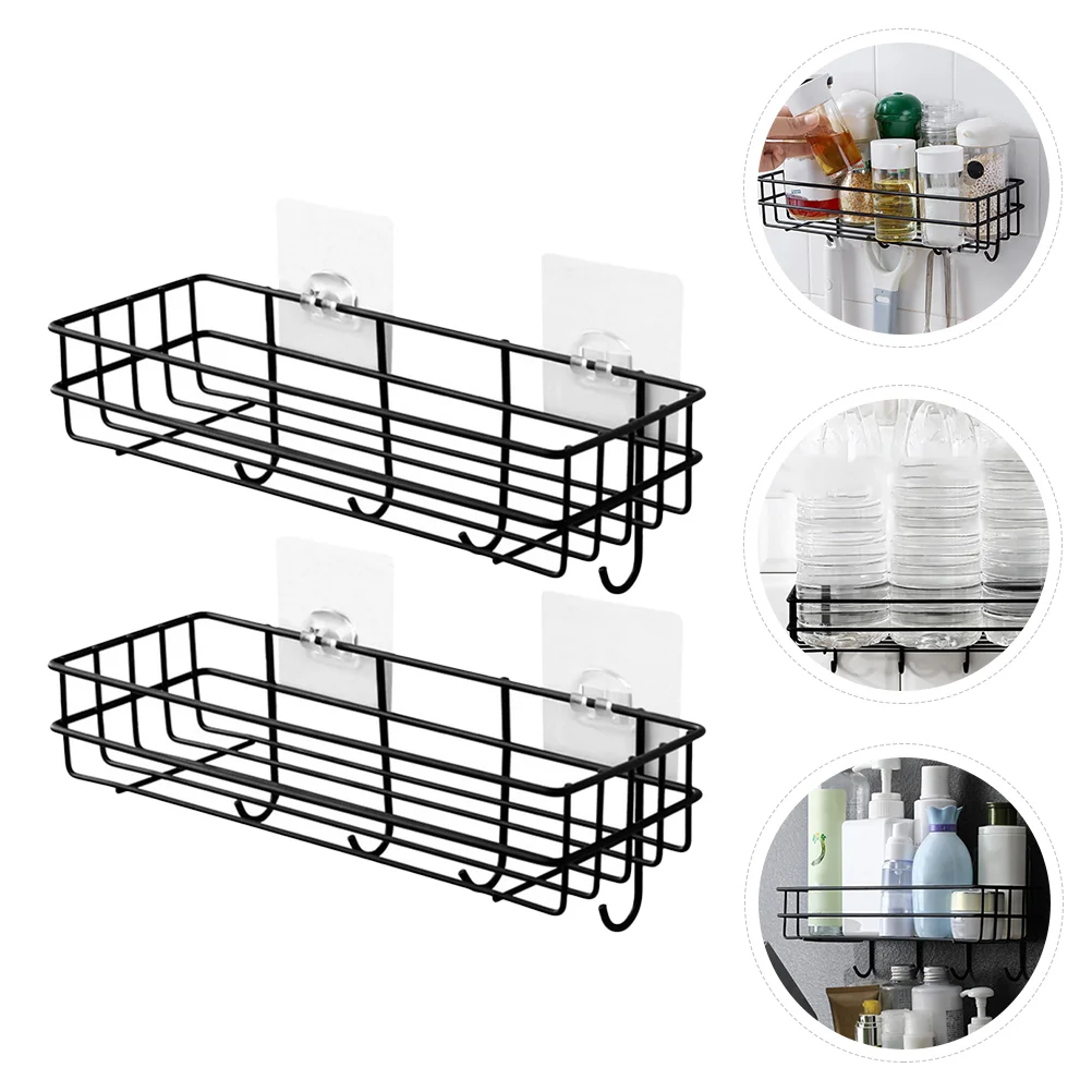 

2 Pcs Storage Shelving Rack with Hook Wall Hanging Shelf Punch-free Sundries Racks Nail-free Black Bathroom Miss