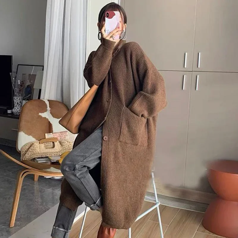 Spring Women’s Solid Color Stand Collar Long Sleeve Single-breasted Casual Trendy Loose Knitted Sweater Cardigans Female Coats