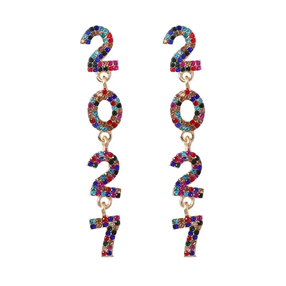 Pearl 2027 Digital Earrings Shiny Colorful Happy New Year Earrings Rhinestone Long Drop Christmas Stud Earrings New Year Party
