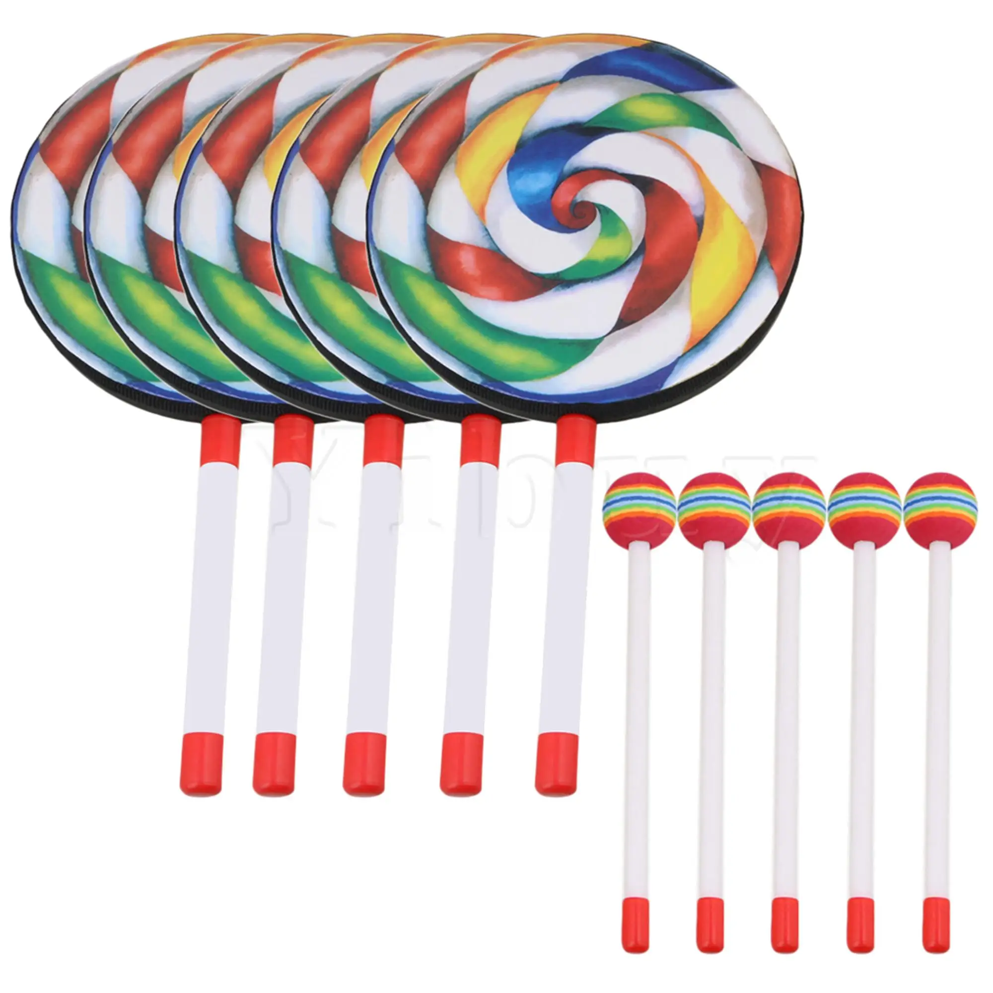 

Yibuy 5pcs 7.9inch Lollipop Shape Hand Drum Percussion Musical Instruments Education Toys for Kid with Candy Drumstick