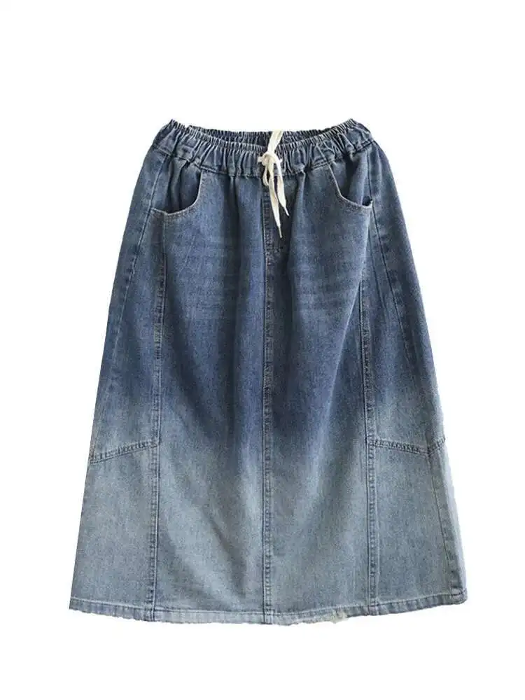 AmaxluluE 2025 تنانير نسائية صيفية فضفاضة عتيقة من قماش الدنيم للسيدات فاخرة كلاسيكية غير رسمية بخصر مطاطي ملابس شارع زرقاء