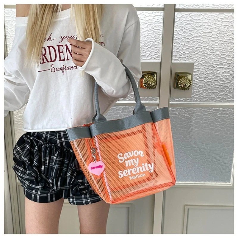 

Women's Mesh PVC Tote Bag with Letter Print, Multi-color for Beach Gym Travel Work School Daily Casual Outdoor Weekend Use