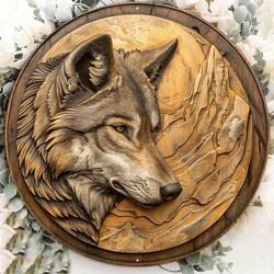 Premium Wolf Carving Aluminum Metal Sign with Golden Finish, Decorative Wall Hanger, Door Sign, Wreath Sign, Home Decor