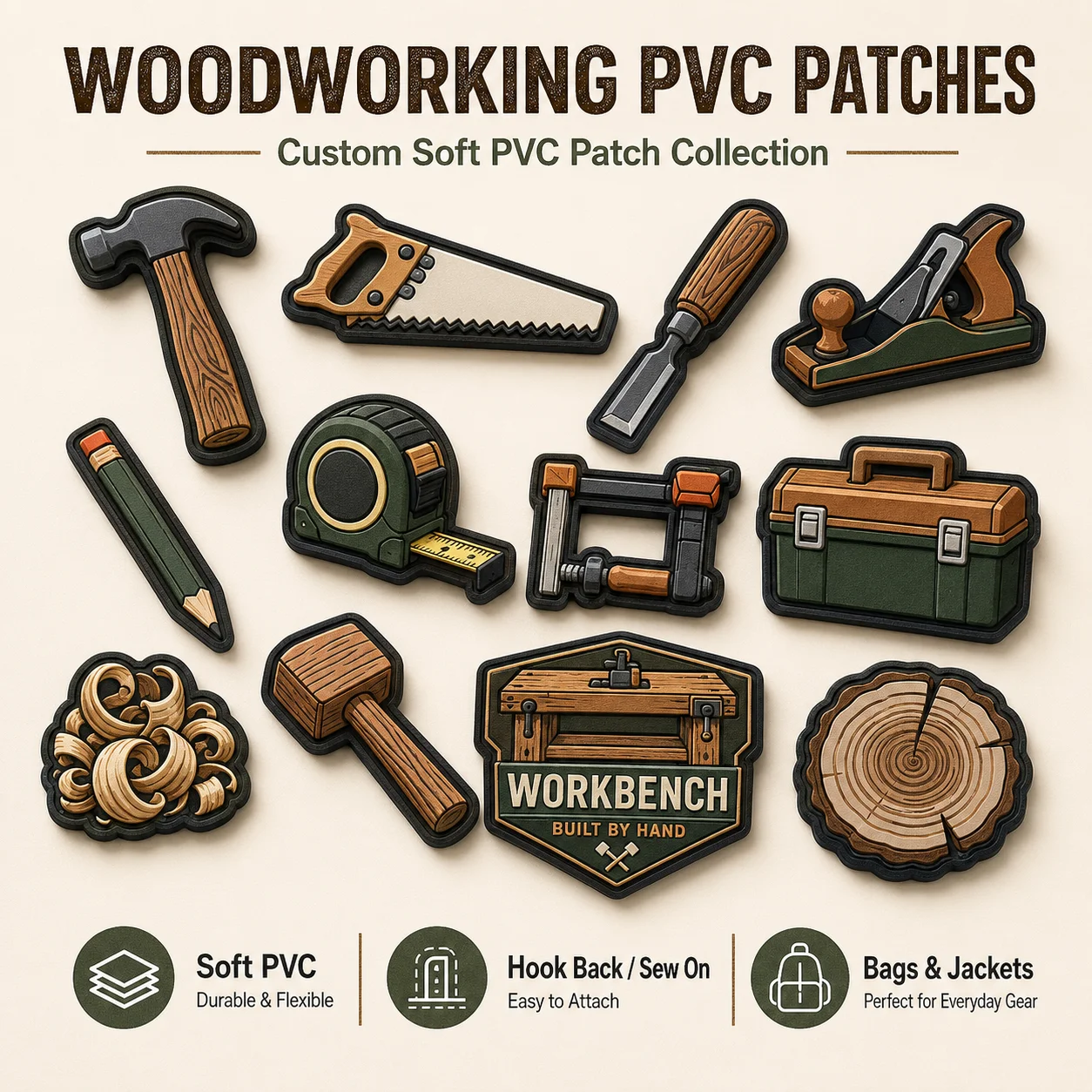 Custom Woodworking PVC Patches Hammer Saw Chisel Plane Tape Measure Soft Rubber Hook and Loop for Bags Jackets Work Gear