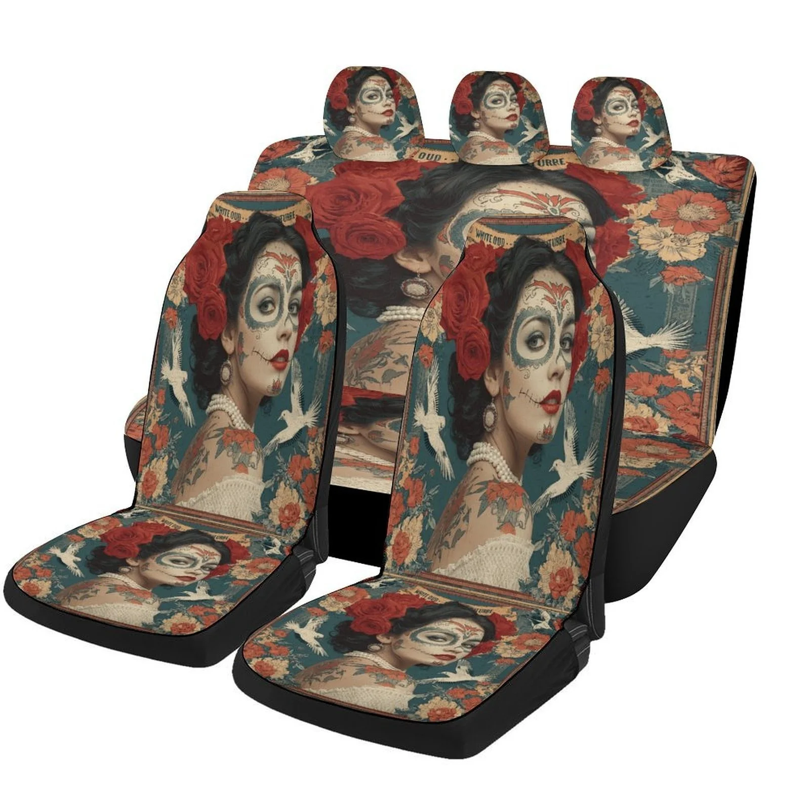Day Of The Dead Portrait Designed Car Seat Covers Set For Most Cars, Trendy Breathable Decorative Car Seat Protector Covers Full
